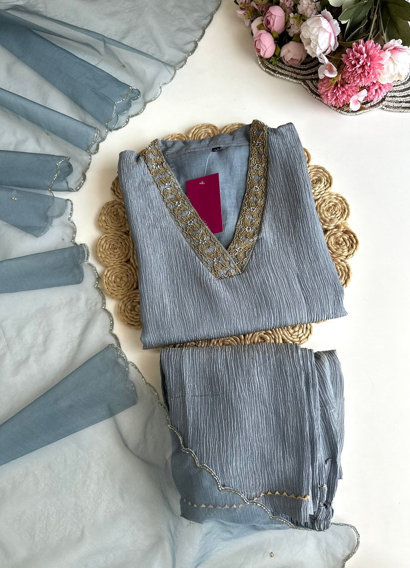 K102 - Crush tissue handwork straight Kurti with pants and dupatta