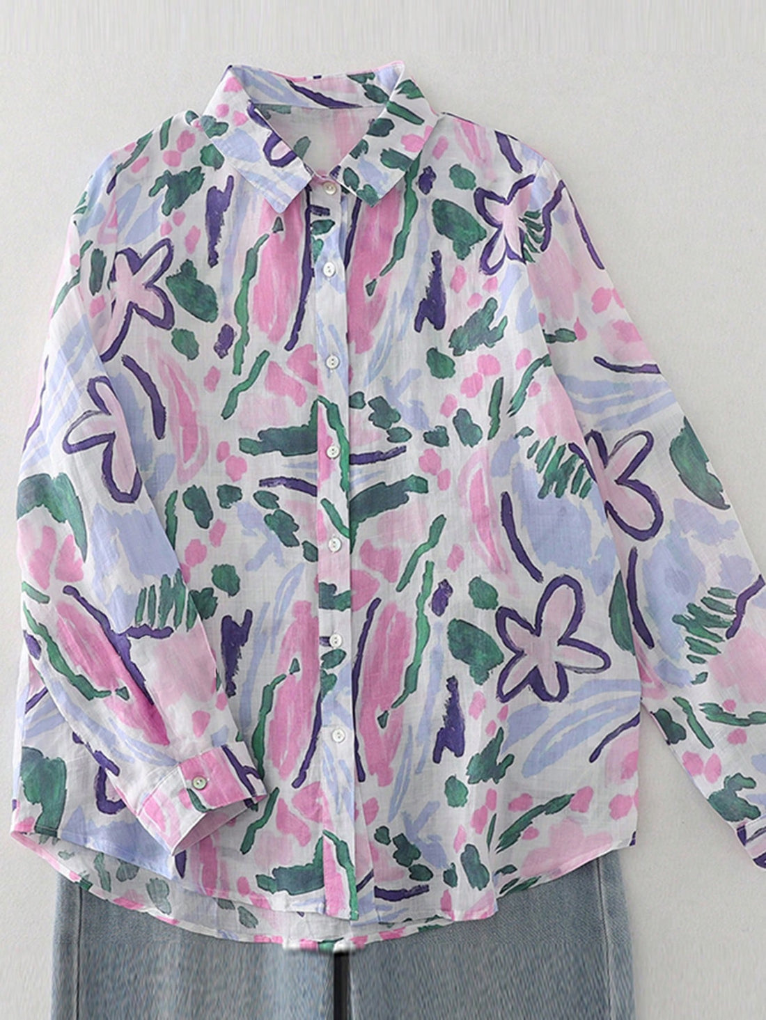 Abstract Floral Print Sheer Button-Up Pure Cotton Printed Shirt