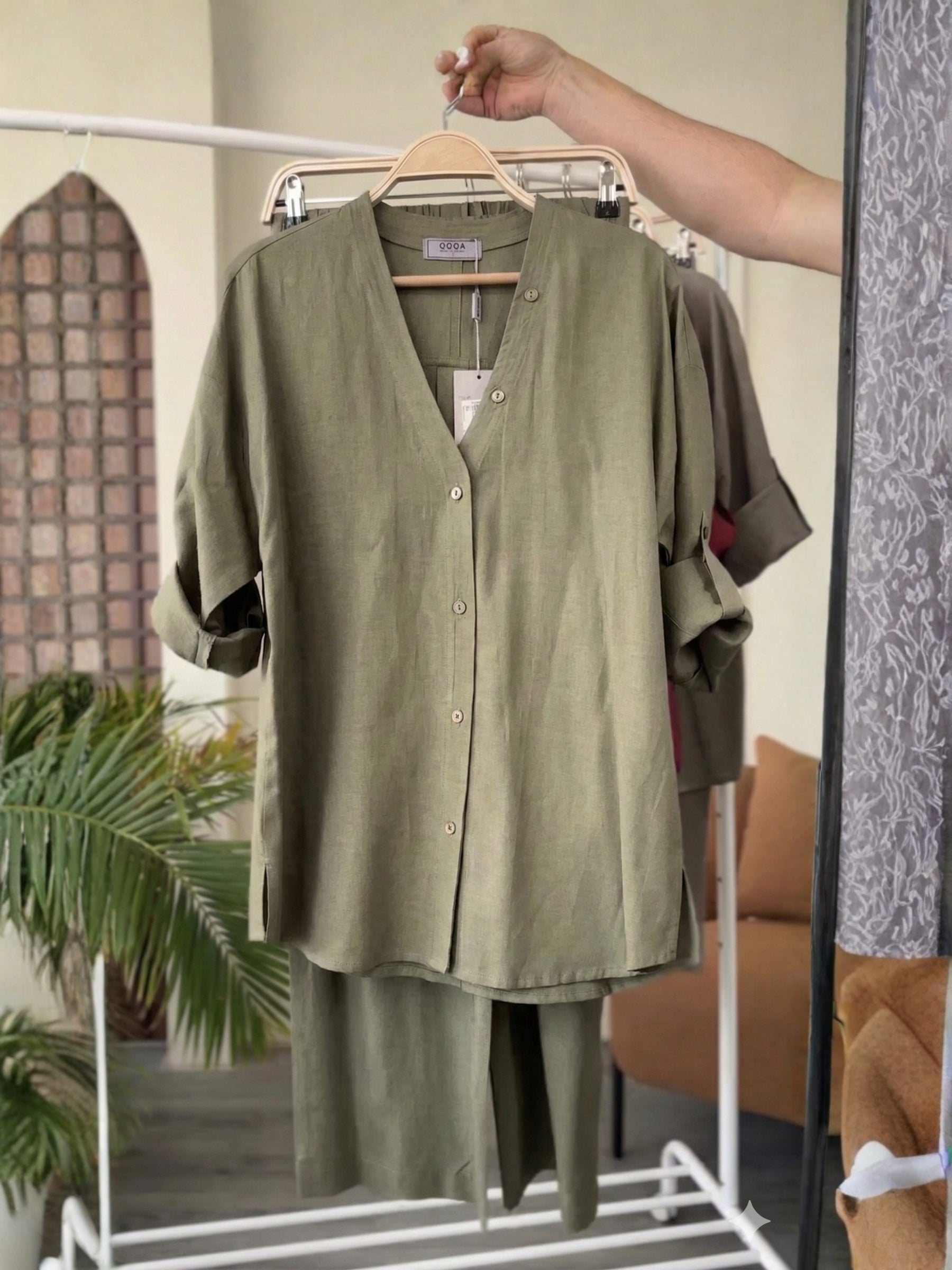 Pure linen Cotton Plum V Neck Button Down Shirt