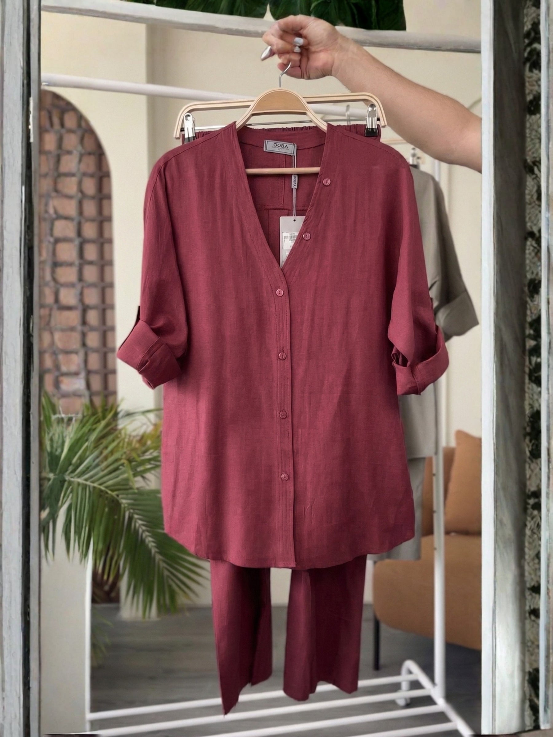 Pure linen Cotton Plum V Neck Button Down Shirt