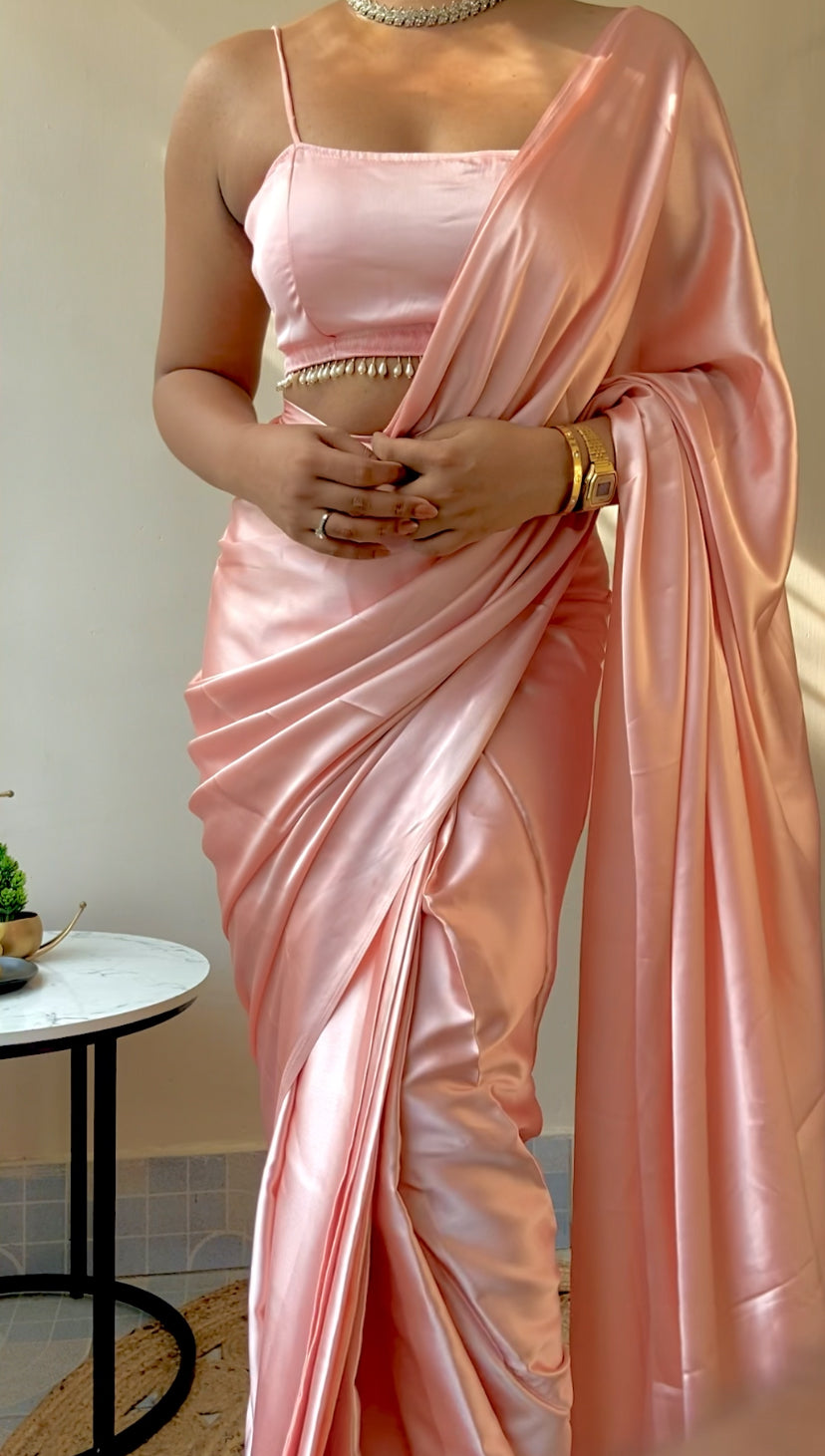 Baby Pink Satin Silk Handmade Tassels On Pallu