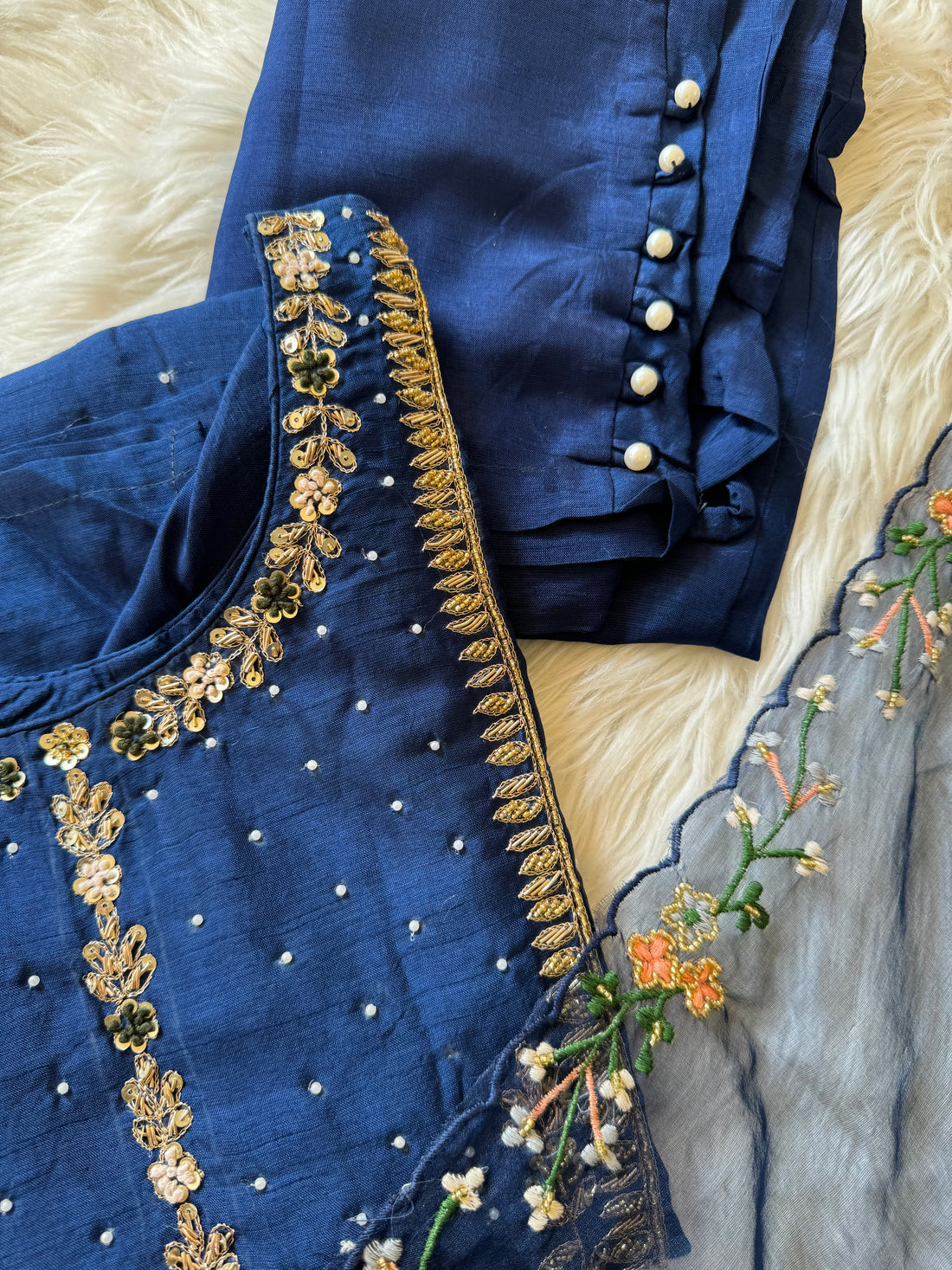 Blue hand work + embroidered kurta set with dupatta