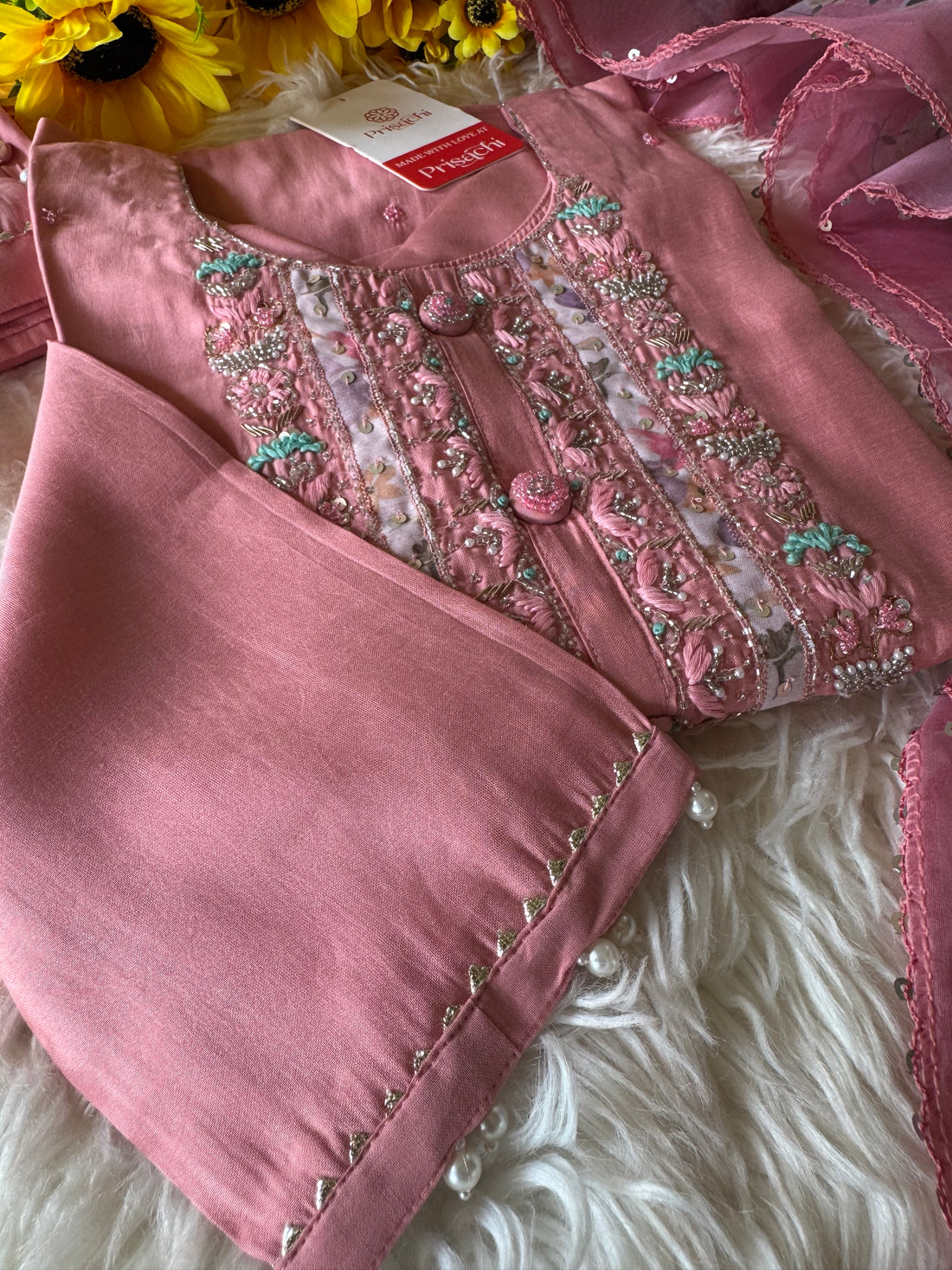 Pink cotton silk embroidered straight kurta set with dupatta