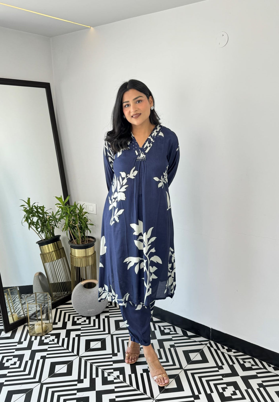 Blue - Autum Floral Kurta Pants