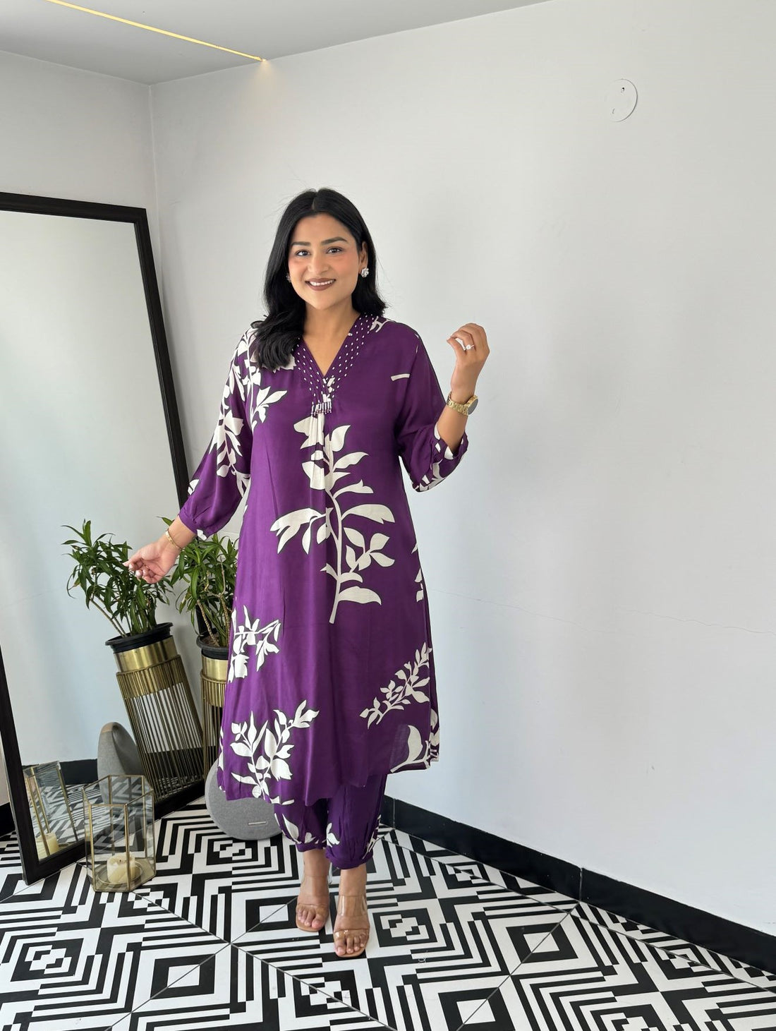 Purple - Autum Floral Kurta Pants