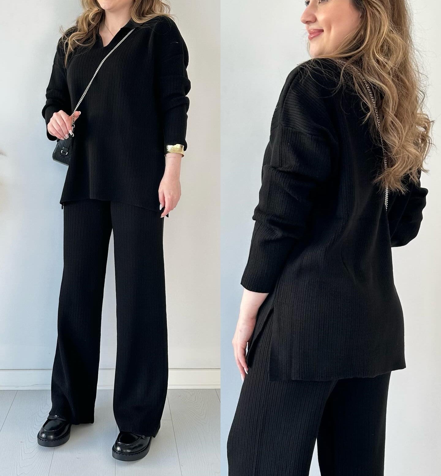 winter v-neck casual slit knitted two piece set