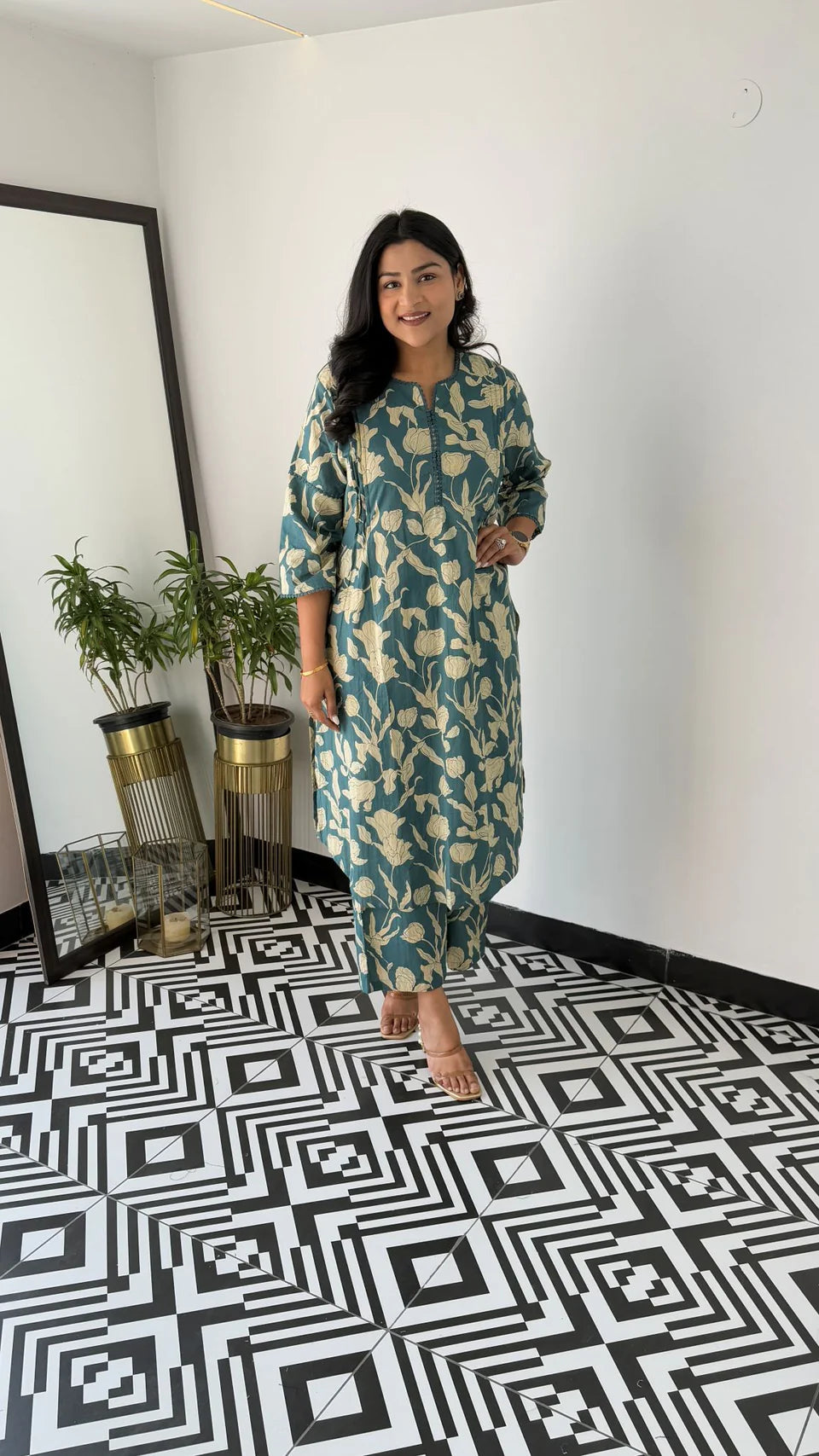 Turquoise - Floral Bloom Kurta Pants