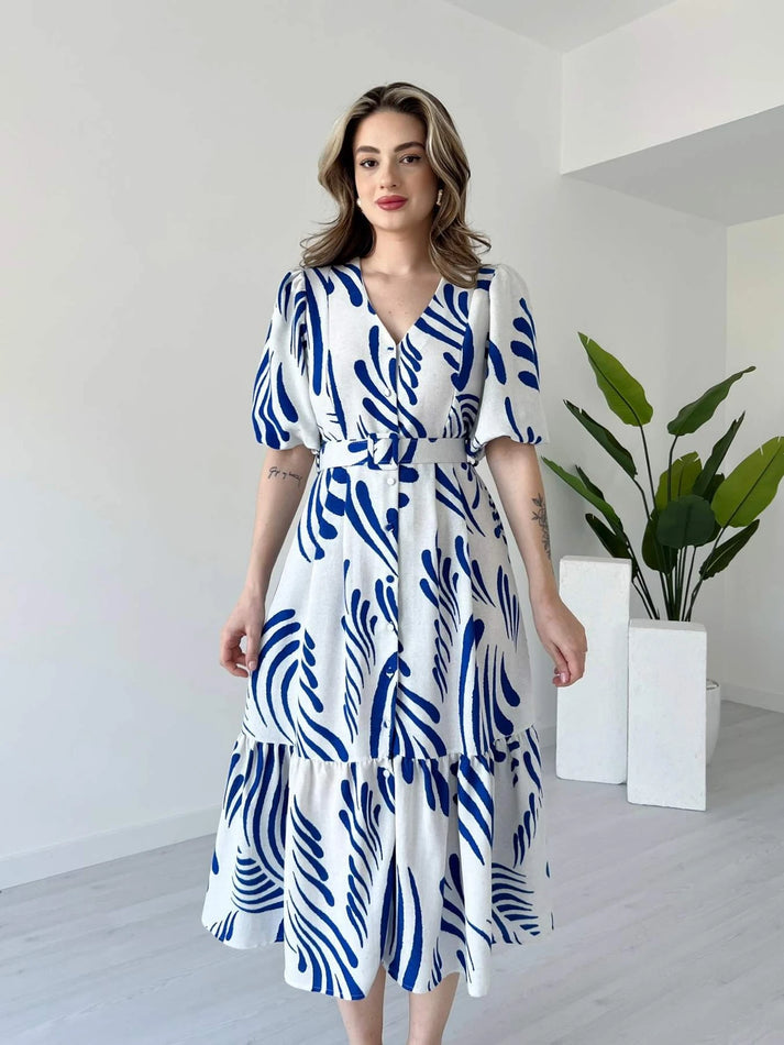 Zarli Linen Dress for Women | Button Front Belted Midi | Casual Summer Linen Dress