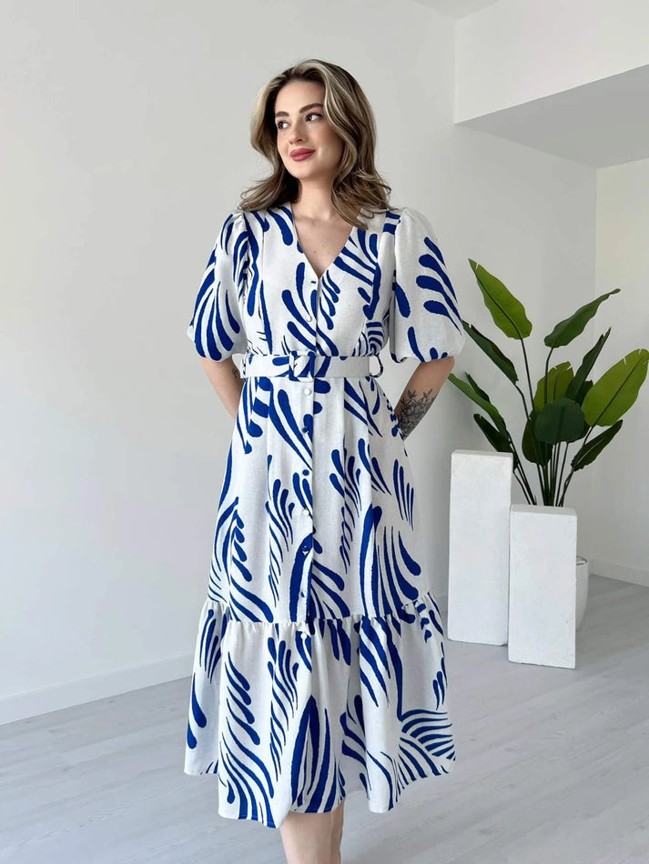 Zarli Linen Dress for Women | Button Front Belted Midi | Casual Summer Linen Dress