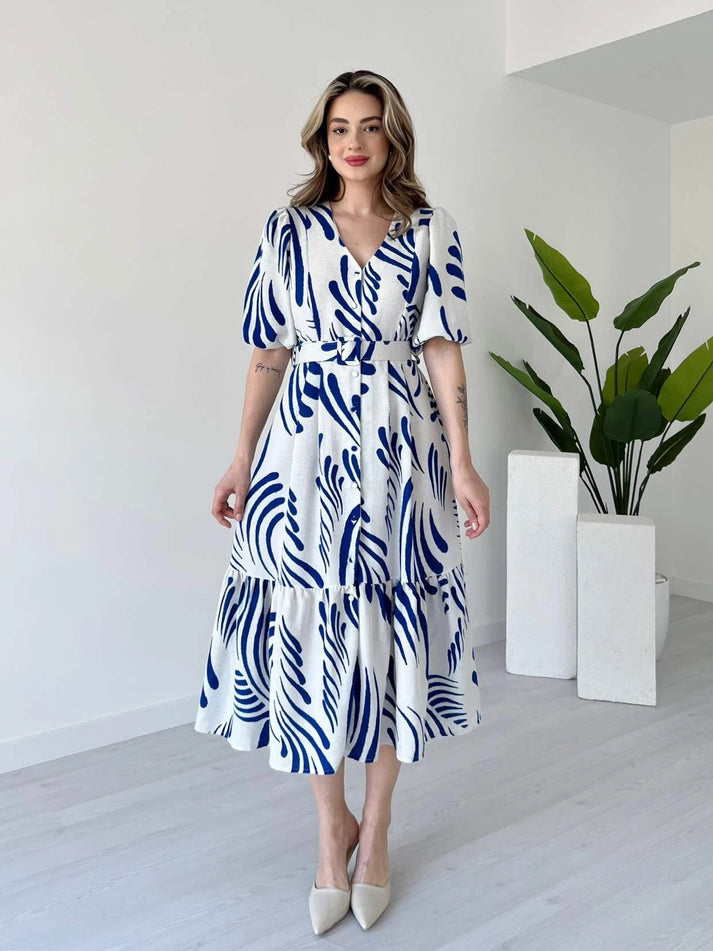 Zarli Linen Dress for Women | Button Front Belted Midi | Casual Summer Linen Dress