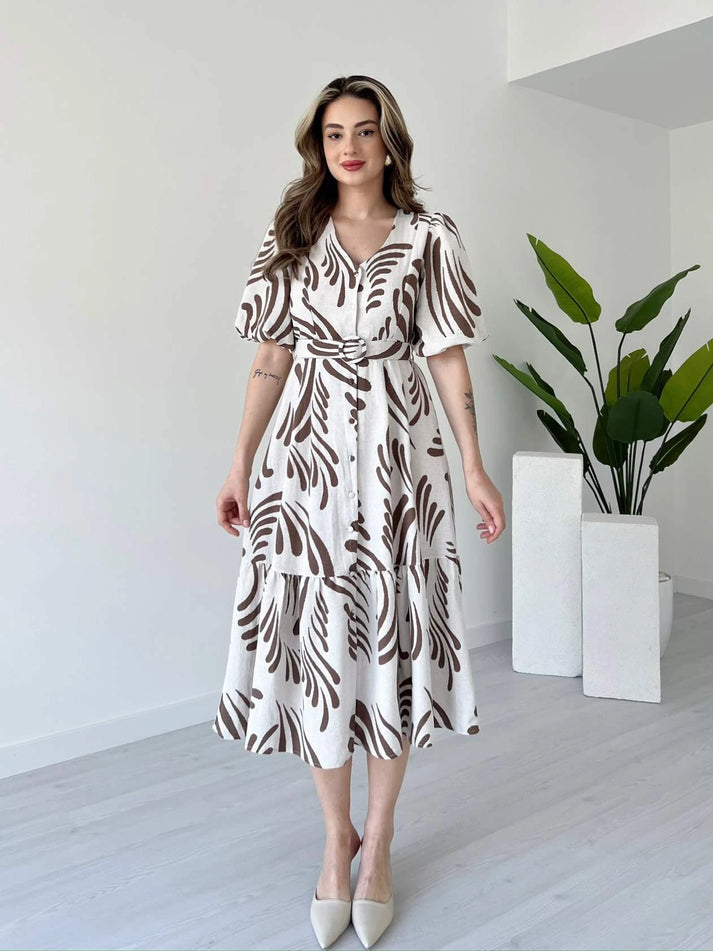 Zarli Linen Dress for Women | Button Front Belted Midi | Casual Summer Linen Dress