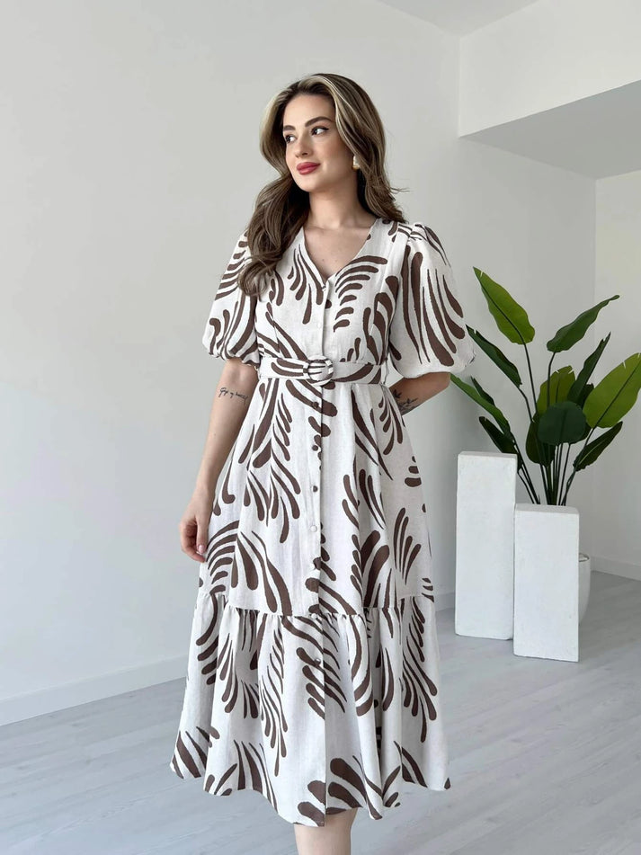 Zarli Linen Dress for Women | Button Front Belted Midi | Casual Summer Linen Dress