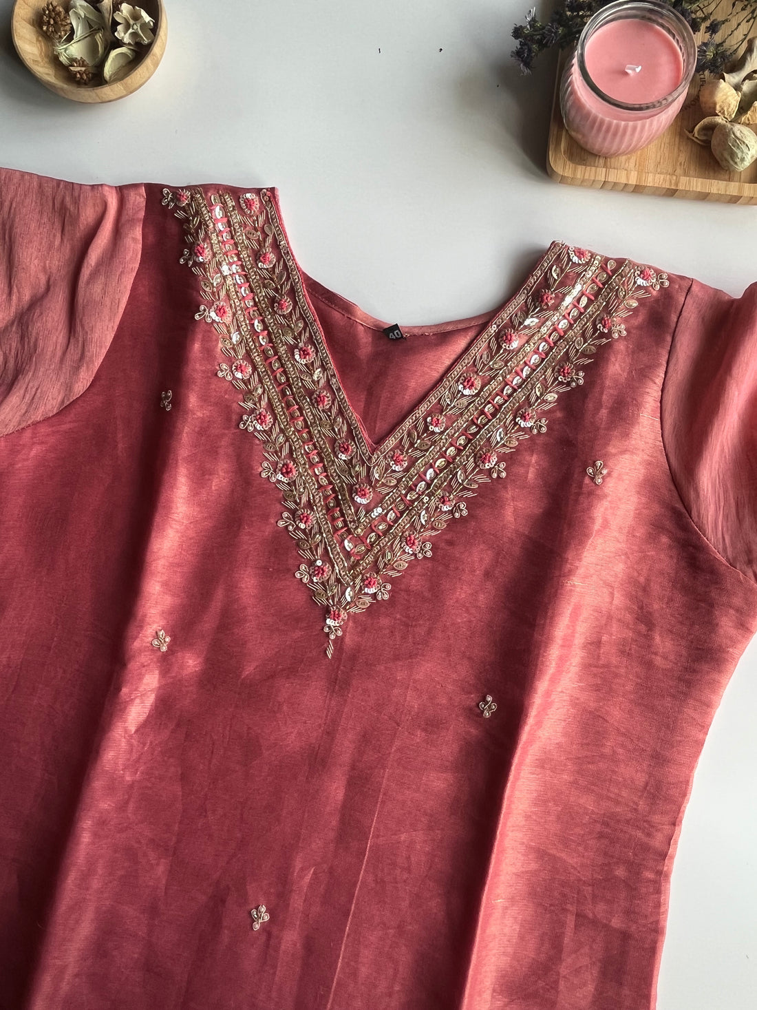 "Sandhya" Dusty Pink Tissue Silk Kurti Set