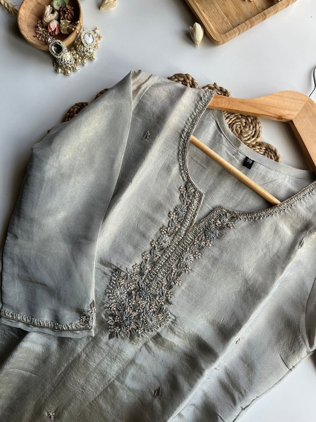Apsara - Silver Tissue Silk Kurta Set