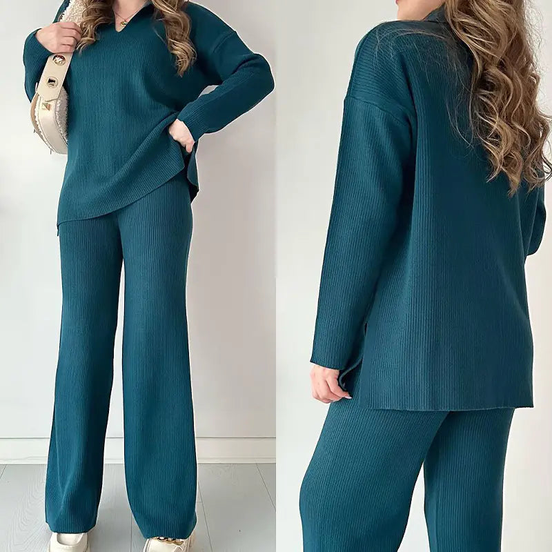 winter v-neck casual slit knitted two piece set
