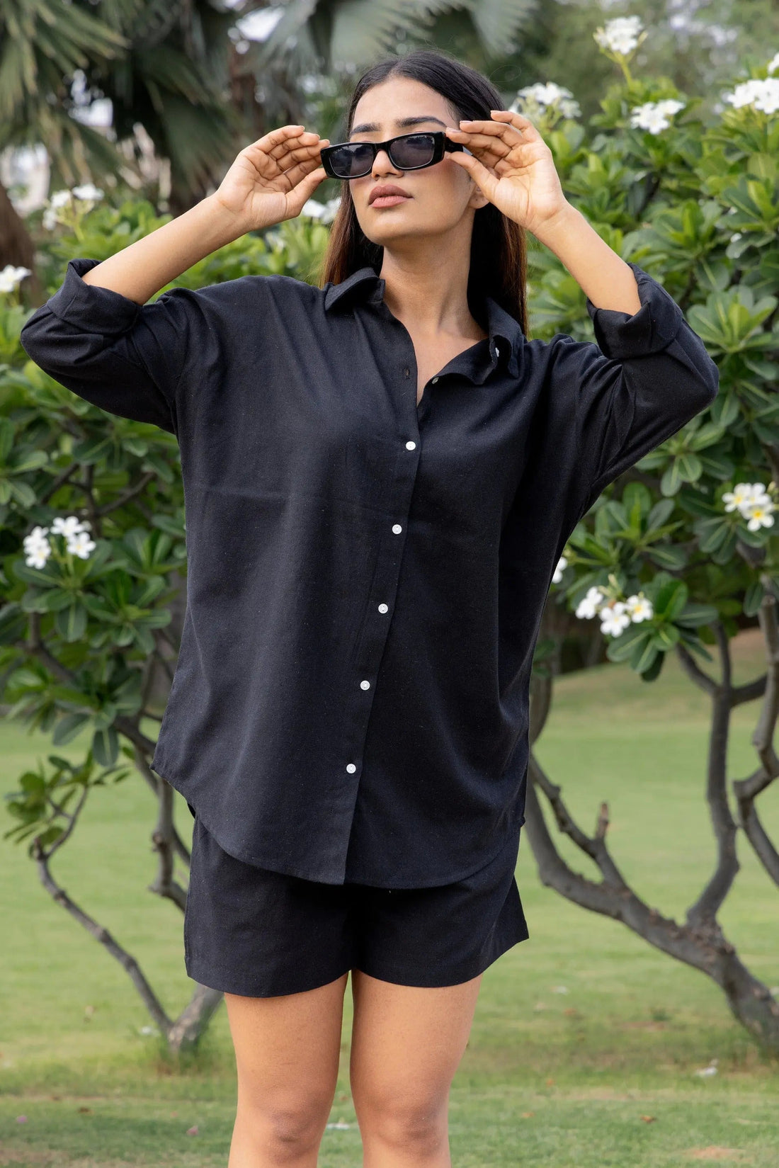 Black - Oversized Linen-Cotton Shirt & Shorts Set