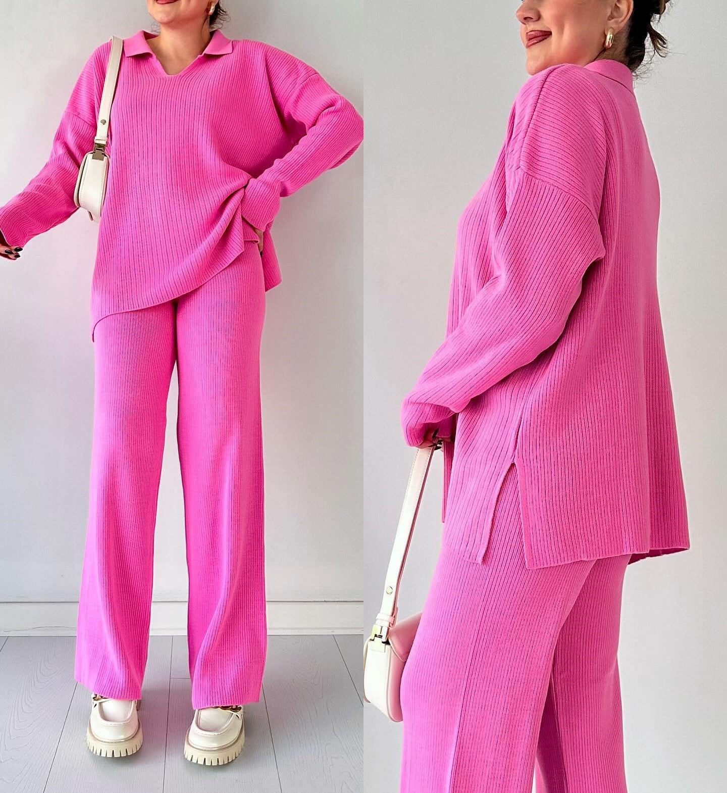 winter v-neck casual slit knitted two piece set