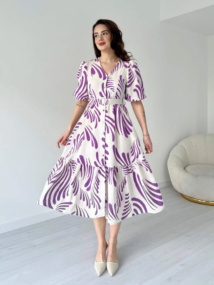 Zarli Linen Dress for Women | Button Front Belted Midi | Casual Summer Linen Dress