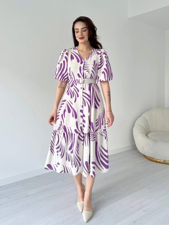 Zarli Linen Dress for Women | Button Front Belted Midi | Casual Summer Linen Dress