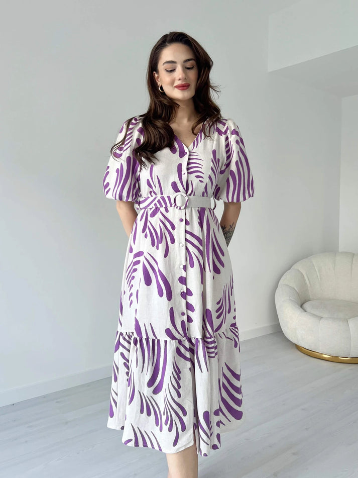 Zarli Linen Dress for Women | Button Front Belted Midi | Casual Summer Linen Dress