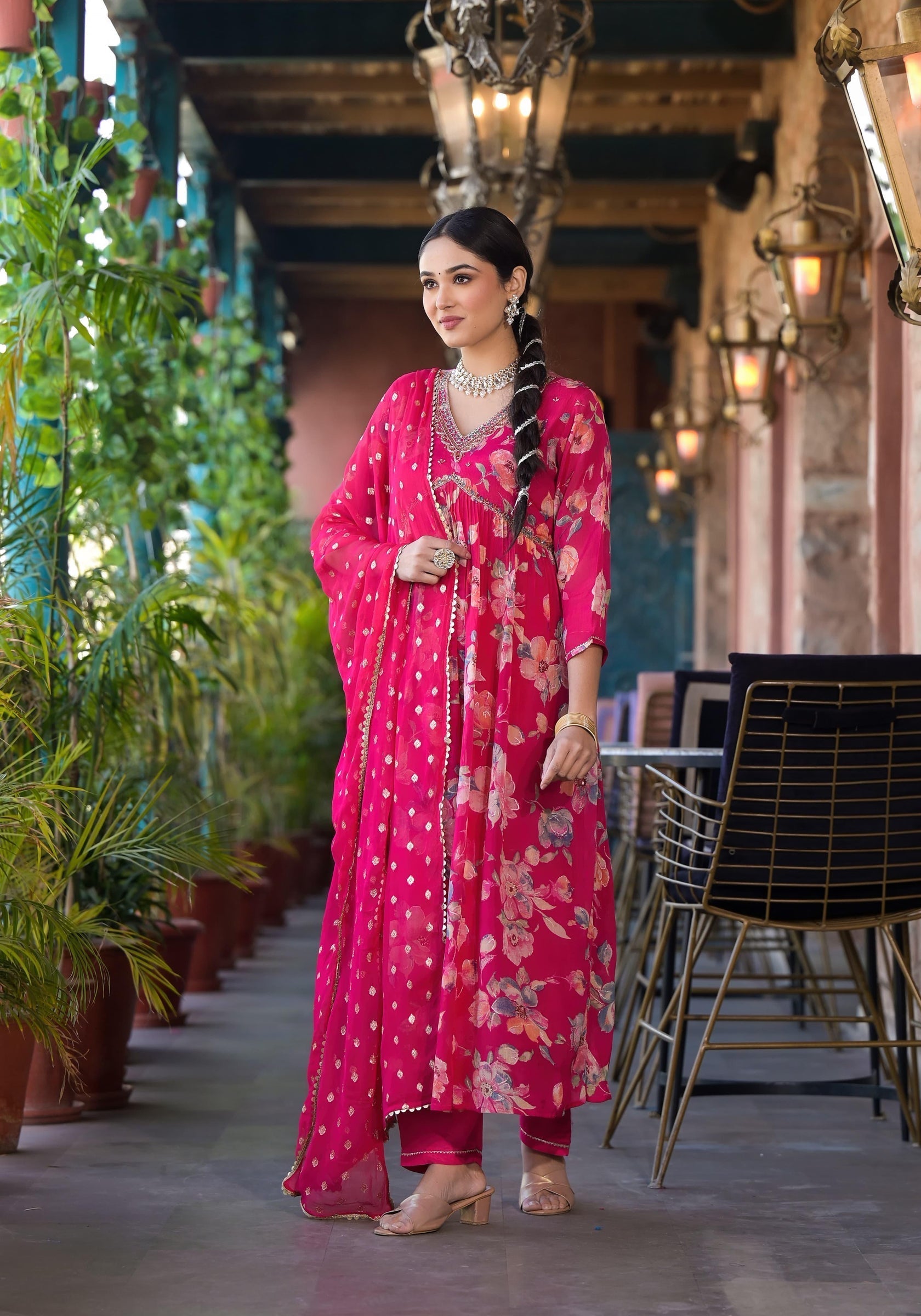 Chinon floral print Alia cut Anarkali dress