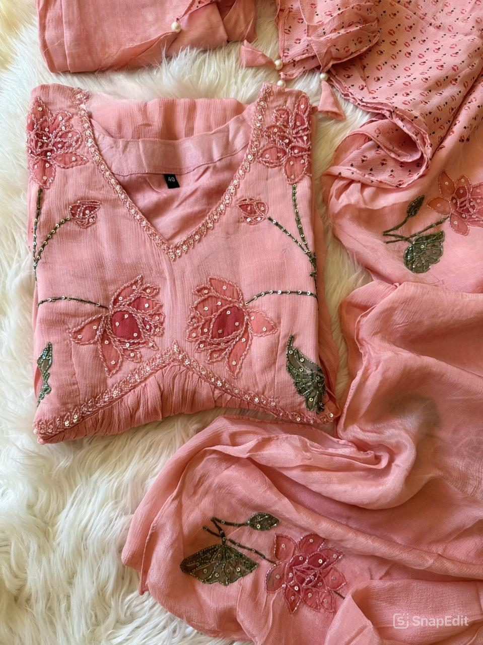 Baby Pink floral hand work Alia cut Anarkali dress