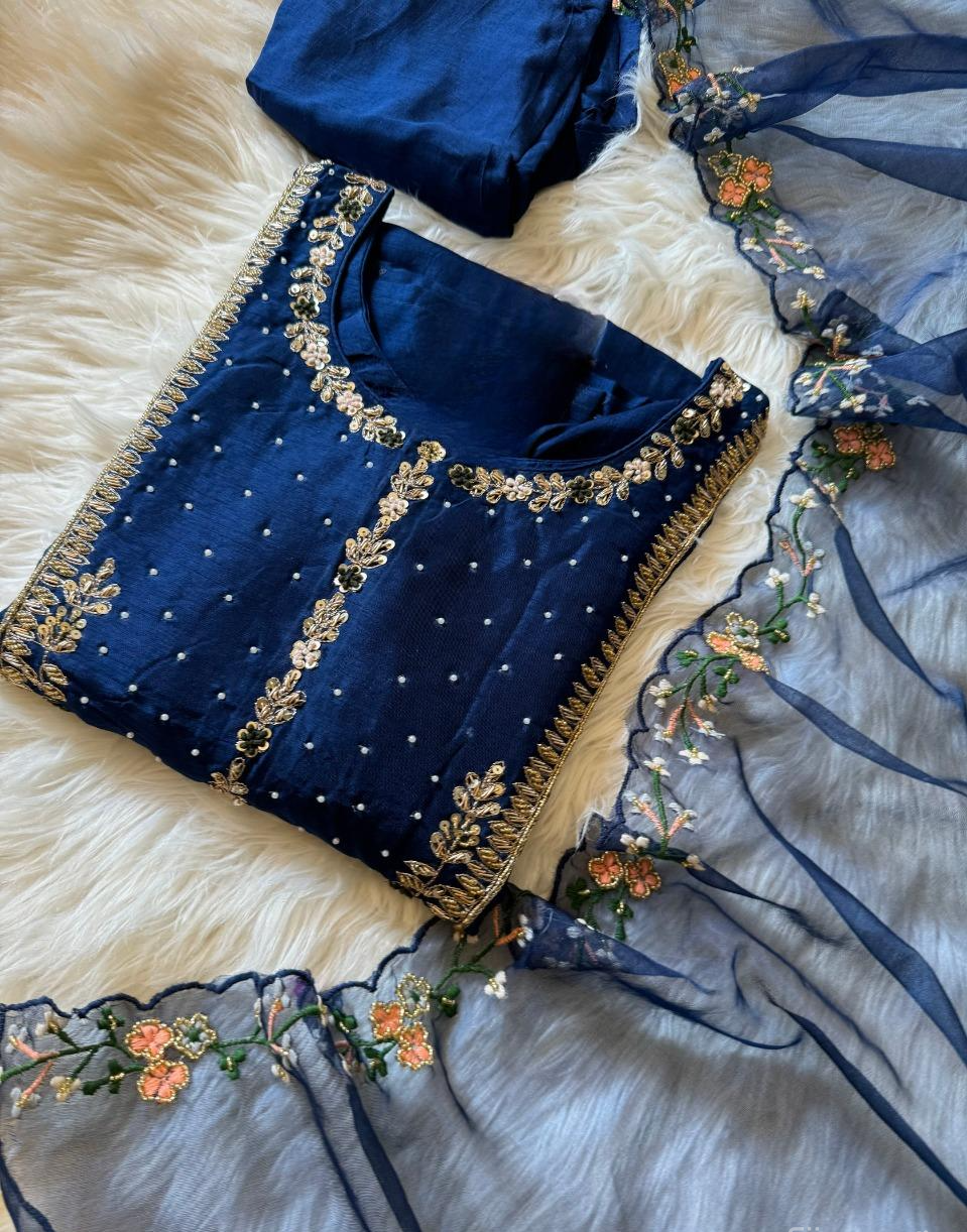Blue hand work + embroidered kurta set with dupatta