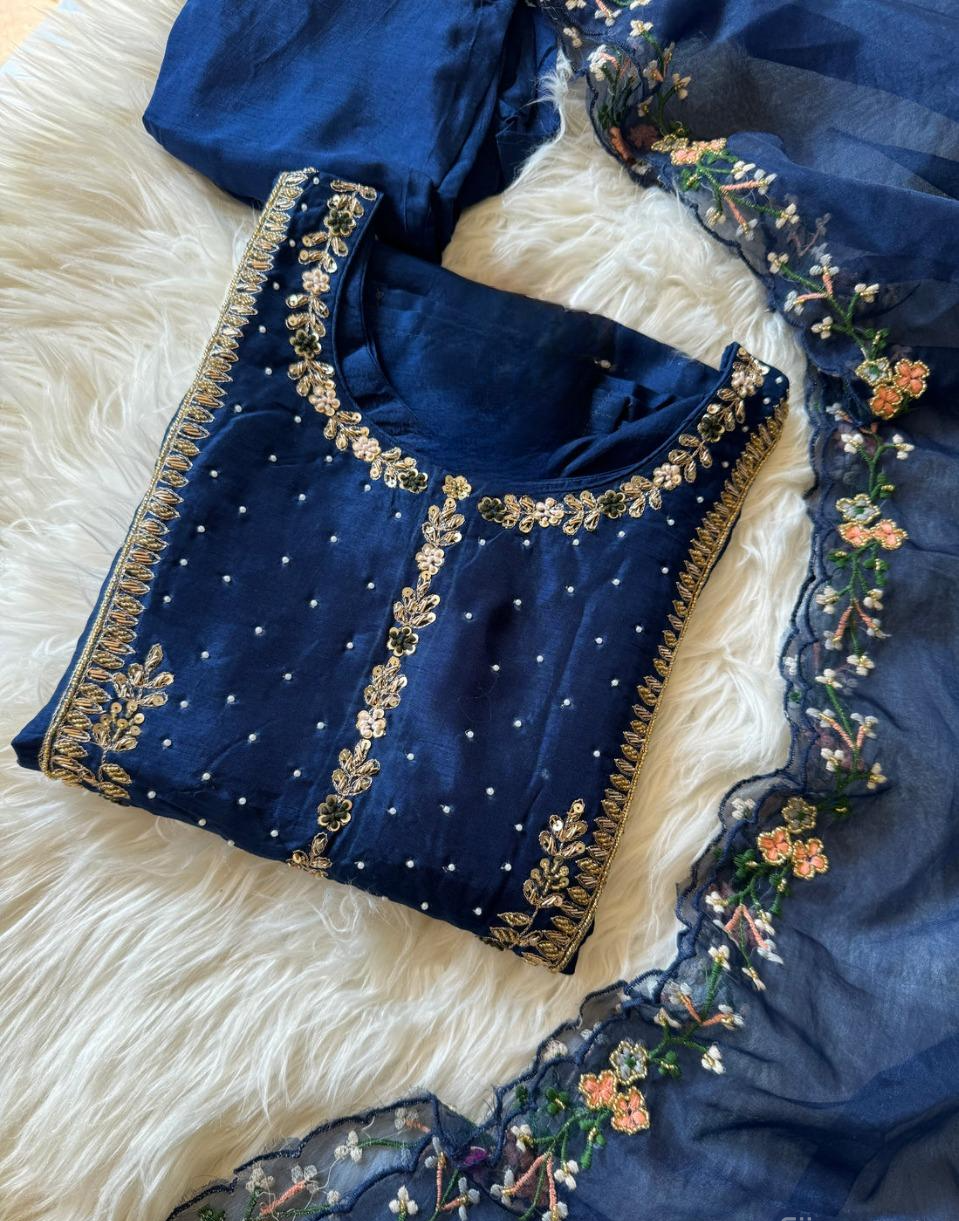 Blue hand work + embroidered kurta set with dupatta