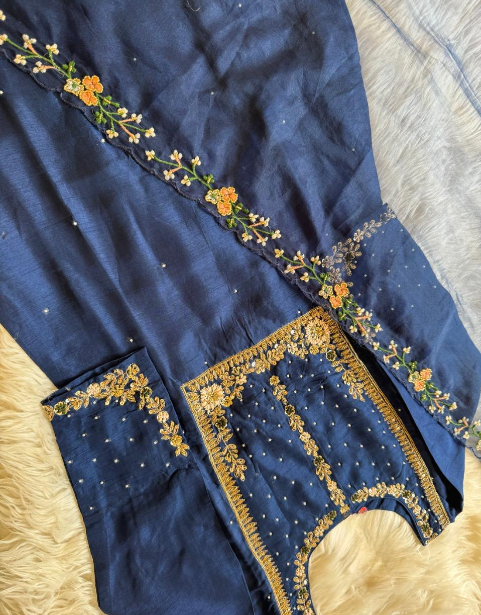 Blue hand work + embroidered kurta set with dupatta