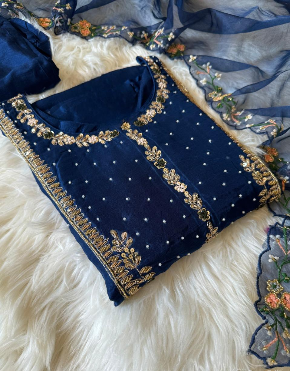 Blue hand work + embroidered kurta set with dupatta