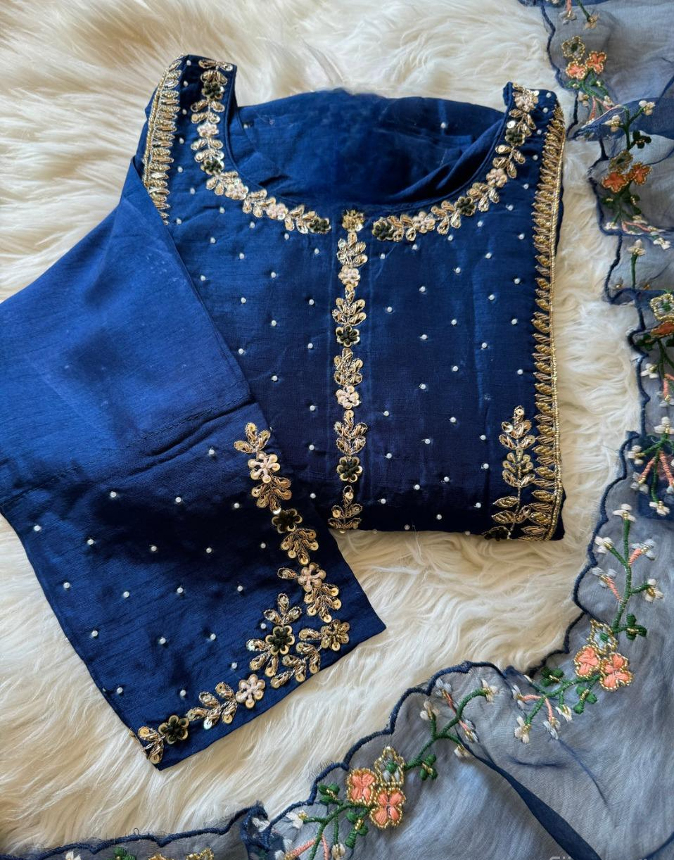 Blue hand work + embroidered kurta set with dupatta