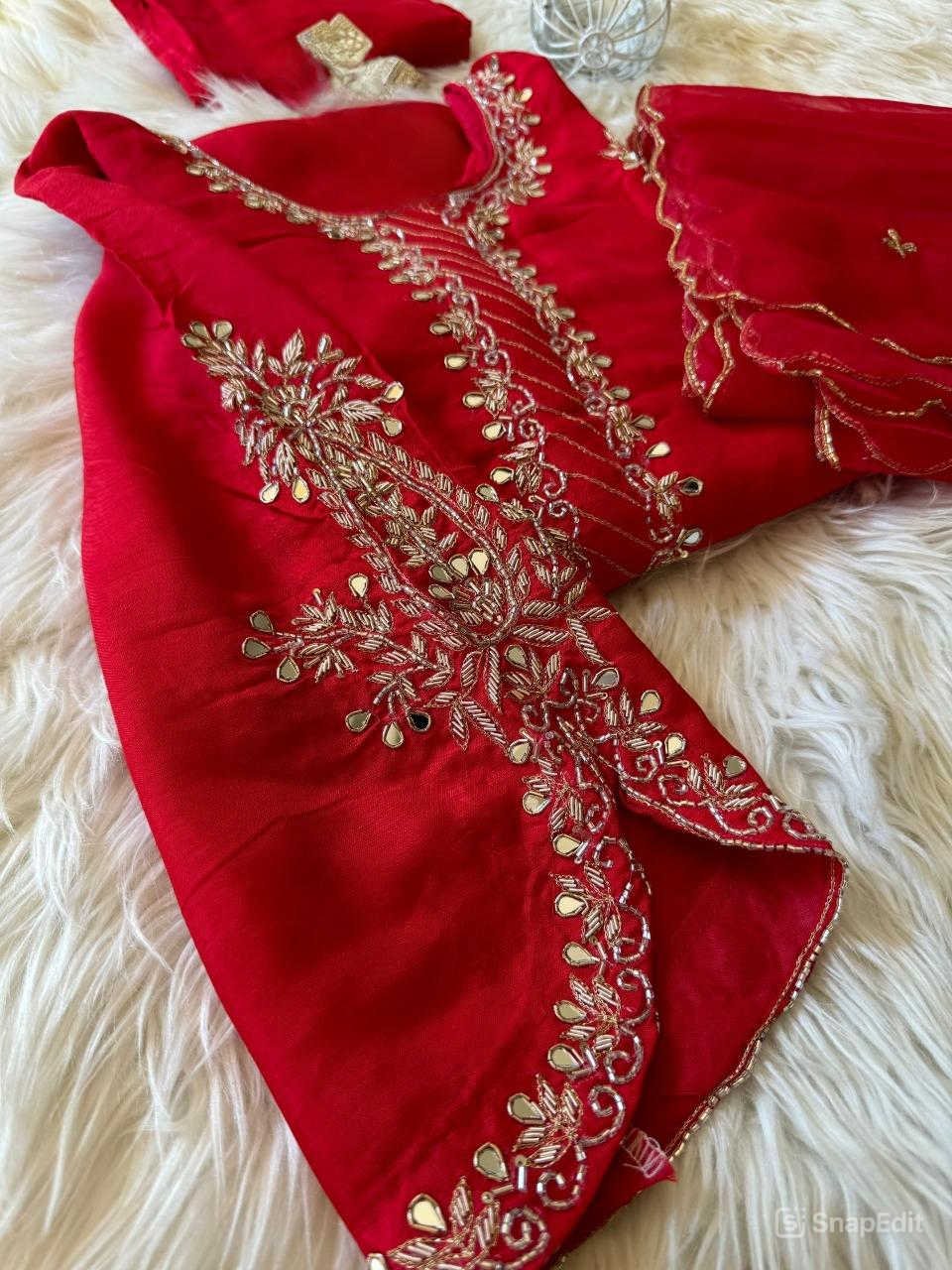 Red hand work kurta set with dupatta